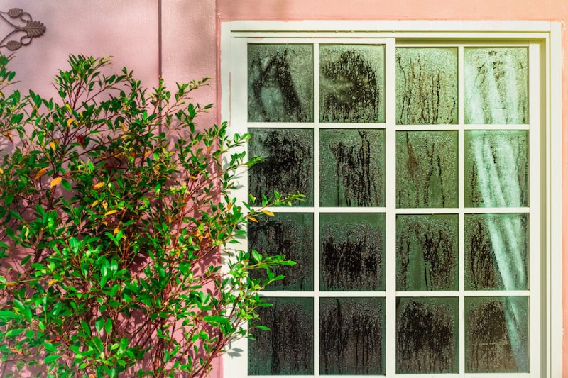 Don't Let Your Home Sweat It Out: A Virginia Guide to Humidity Control. Glass door with condensation and a tree, high humidity. Texture of water on a glass. Phenomenon of nature and exterior concept.